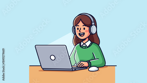 Happy young woman wearing headphones and using a laptop computer at a desk, cartoon illustration.