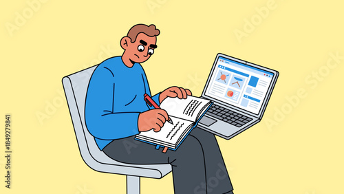 A man sitting on a chair, writing in a notebook while looking at an open laptop displaying a website.