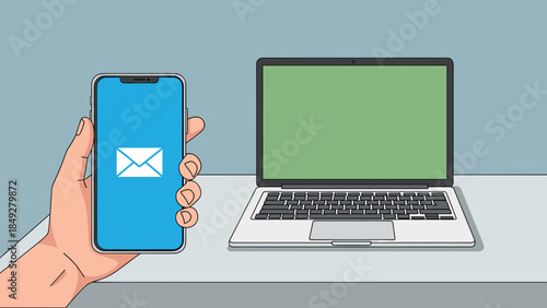 A hand holding a smartphone with an email icon next to a laptop with a green screen on a desk.