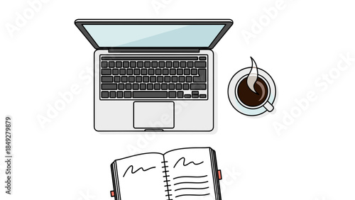 Overhead view of a laptop, coffee cup, and open notebook on a white surface, depicting a work or study setup.