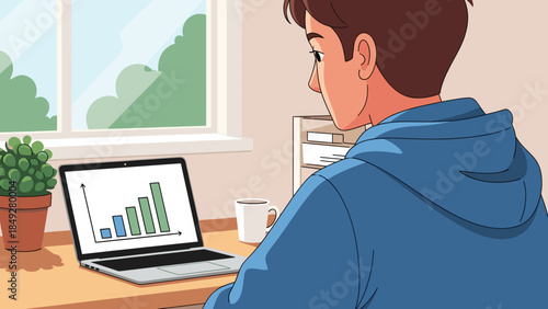 A young man in a blue hoodie works on his laptop at a desk, analyzing a bar chart displayed on the screen in a bright room with a window.