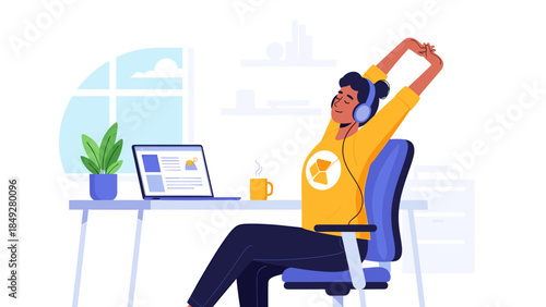 A person stretching and relaxing at a desk with a laptop and headphones, taking a break from work.
