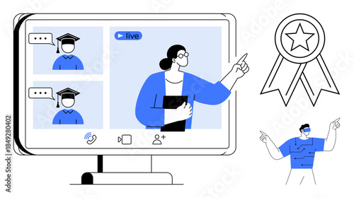 Online learning, distance education, virtual teaching, e-learning platforms, academic success, digital interaction. Teacher conducts a virtual class with students and achievements highlighted. Online