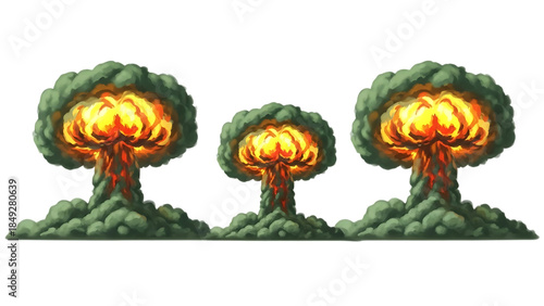 Three cartoonish atomic bombs exploding with green smoke and orange fire isolated on a transparent background