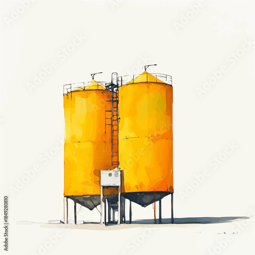 Watercolor_style_painting_of_a_yellow_grain_silo, A vectorized, Hand-painted style, vector set available in EPS An Elegant watercolor painting design collection