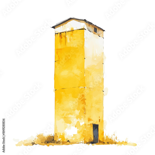 Watercolor_style_painting_of_a_yellow_grain_silo_A vectorized, Hand-painted style, vector set available in EPS An Elegant watercolor painting design collection