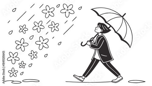 Woman walking in the rain with umbrella and falling flowers.