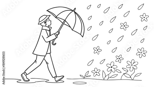 Man walking in the rain with an umbrella.