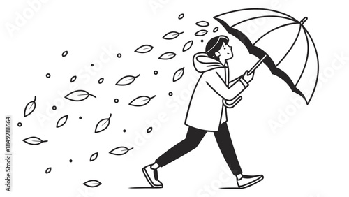 Person walking in the rain with an umbrella and autumn leaves.