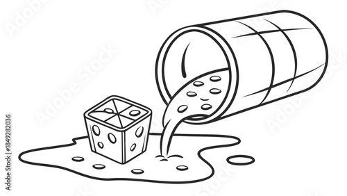 Dice falling out of a tipped over container.