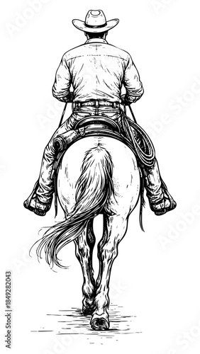 Cowboy riding a horse backview sketch vector illustration