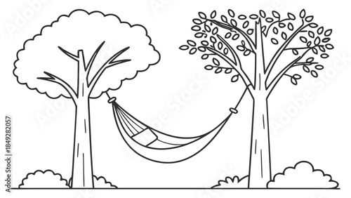 Serene hammock scene between two trees in a peaceful outdoor setting.