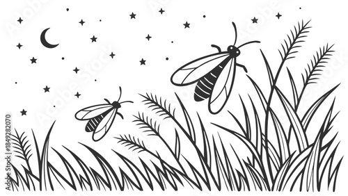 Fireflies flying in the grass under a starry night sky with a crescent moon.