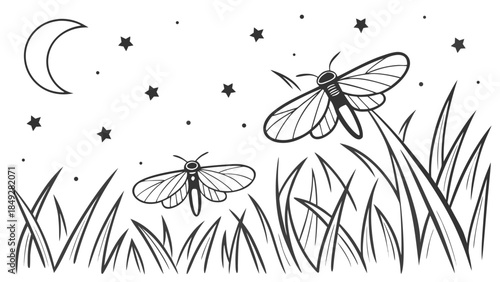 Black and white illustration of fireflies in the grass under a starry night sky with a crescent moon.