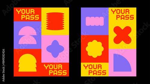 Abstract futuristic pass design in Y2K style. Bold shapes, neon contrasts and minimal symbols for modern digital tickets. Futuristic Y2K patches, labels, tags, stickers, and bracelet stamps. 