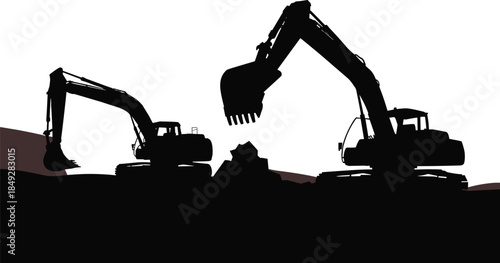 Silhouette of Two Excavators Working on Debris – Industrial Construction Scene Depicting Earth-Moving Machinery, Heavy Equipment, and Excavation in a Minimalist Landscape