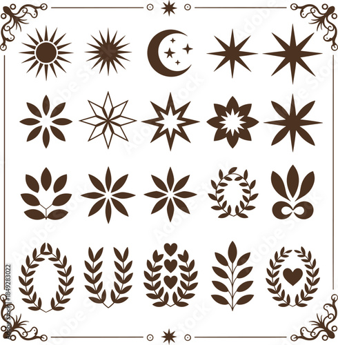 Elegant Vector Icon Set Featuring Celestial, Floral, and Ornamental Motifs – Decorative Symbols for Branding, Design Projects, Spiritual Themes, and Artistic Inspiration