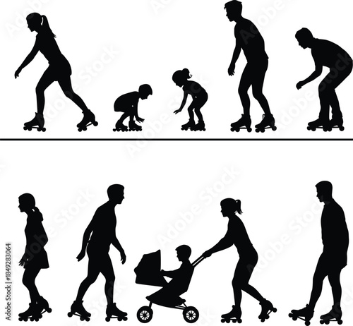 Silhouette of Roller Skating Family and Children in Motion – Recreational Activity, Outdoor Fun, Fitness, Parenting, and Lifestyle Concept for All Age Groups