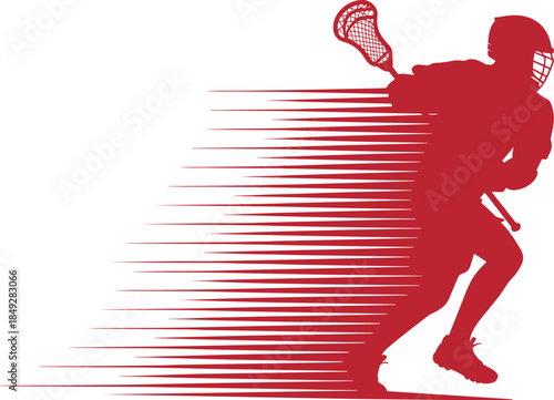 Dynamic lacrosse player silhouette with motion speed lines, modern sports illustration showing power, agility, and fast movement concept on clean white background