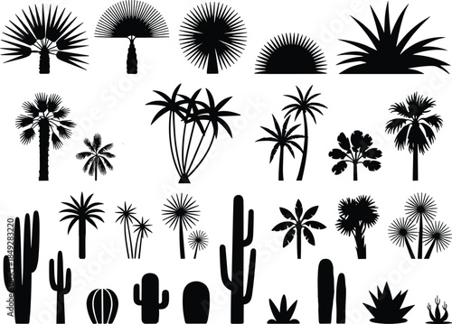 Black desert plants and tropical trees silhouettes collection featuring palm trees, cacti, agave, yucca and exotic foliage isolated on white background vector illustration