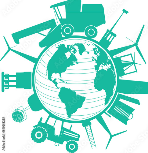 Silhouetted Globe Surrounded by Industry, Agriculture, and Renewable Energy Icons – Conceptual Illustration of Global Impact and Sustainability in Black and Blue Design