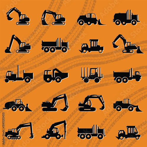 Construction machinery silhouette set featuring excavators, dump trucks, loaders, and heavy equipment icons on orange background for industrial, engineering, and building concepts