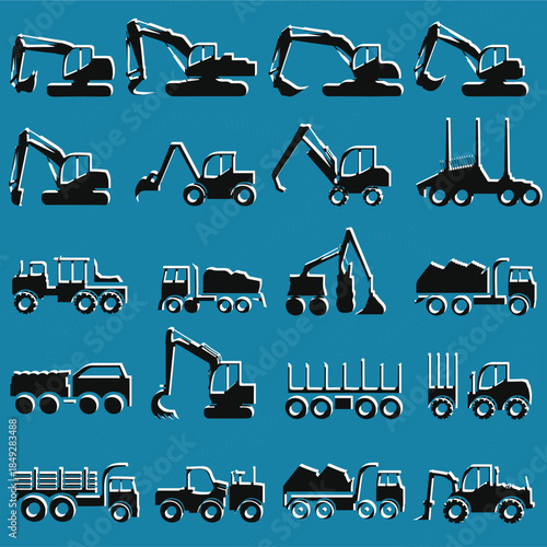Silhouettes of Construction and Logging Vehicles – Heavy Equipment Collection Featuring Excavators, Loaders, Dump Trucks, and Forestry Machines on Blue Background for Industrial Use