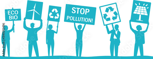 Environmental activists holding eco friendly protest signs promoting renewable energy, recycling, and pollution prevention concept in flat vector silhouette illustration style