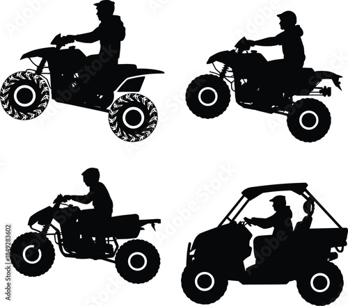 Silhouettes of ATV and UTV Riders in Action – Off-Road Vehicle Collection Featuring Quad Bikes and Utility Terrain Vehicles for Adventure, Recreation, and Motorsports Design