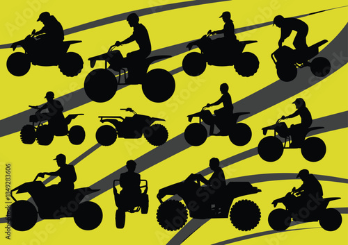 ATV and quad bike rider silhouettes set on yellow background showcasing off-road motorsport action, adventure, racing, and extreme outdoor recreation