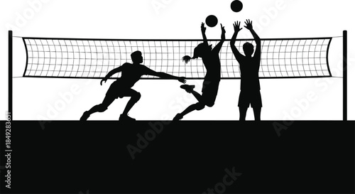 Silhouette volleyball players jumping and blocking at net during competitive match, dynamic sports action scene isolated on white background illustration