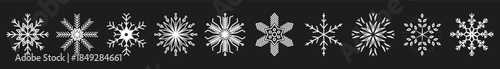 White Snowflake Vector Icons and Winter Snow Crystals and Elegant Christmas Line Art Elements for Holiday Greetings.
