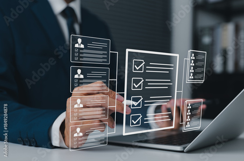 Cuadro en lienzo Recruitment process concept, HR manager analyzing digital candidate profiles and checklists on virtual interface, selecting qualified applicants for job positions using modern hiring technology