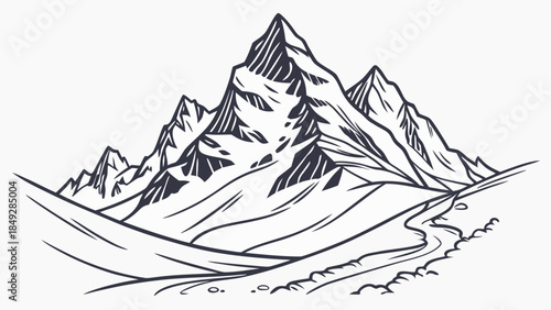 Black and white illustration of a serene mountain landscape with a winding path.