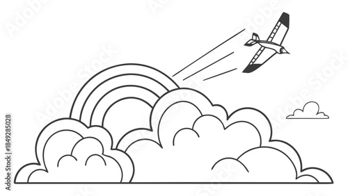 Airplane flying through clouds with rainbow.