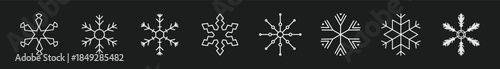 Minimalist White Snowflake Vector Icons Set - Modern Geometric Winter Holiday and Christmas Line Art Illustrations for Graphic Design and Digital Patterns