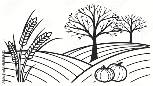 Autumn landscape with pumpkins and wheat in a field.