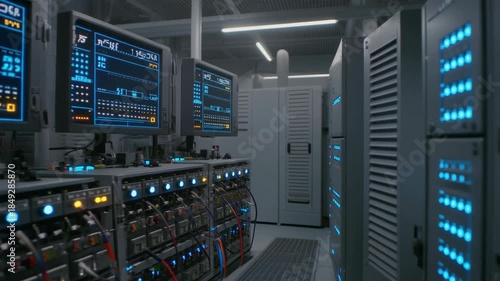 Futuristic microgrid control system in a server room with glowing monitors