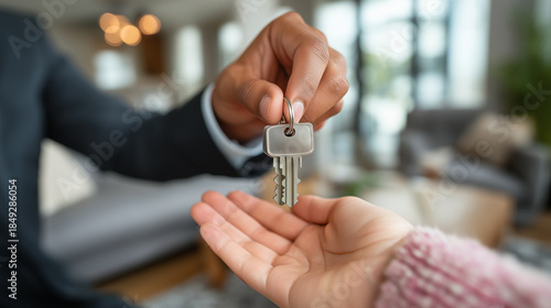 A person hands over a key to another individual, symbolizing a new beginning, trust, and the excitement of a new home.