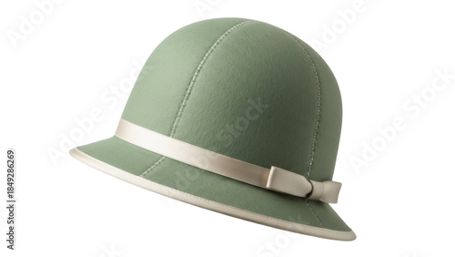 Elegant sage green cloche hat with ribbon isolated PNG, vintage style headwear for fashion design and historical costume projects
