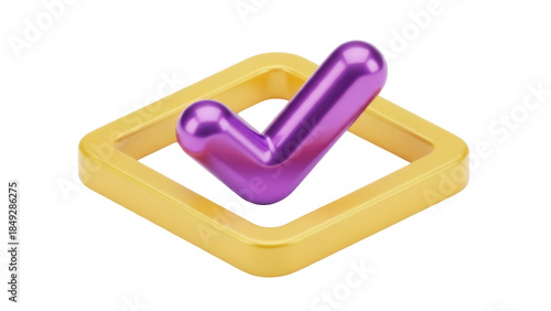 Purple check mark in yellow square frame isolated PNG, 3D rendering graphic element for design and user interface on transparent background