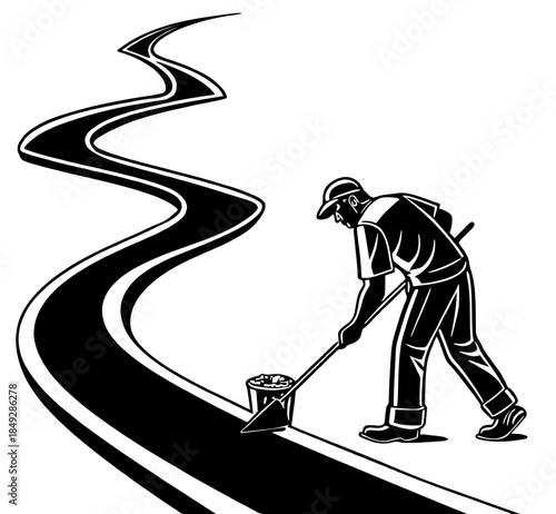 Road Construction Worker Painting White Line on Asphalt Vector Illustration