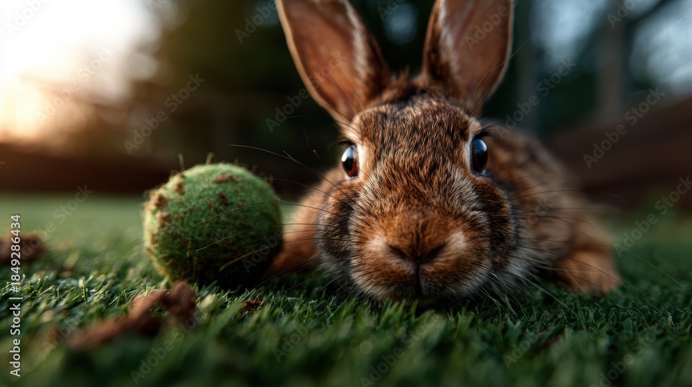 Fototapeta premium A close-up shot of a curious rabbit resting on grass near a tennis ball, evoking feelings of playfulness and nature in a serene outdoor setting filled with soft light.