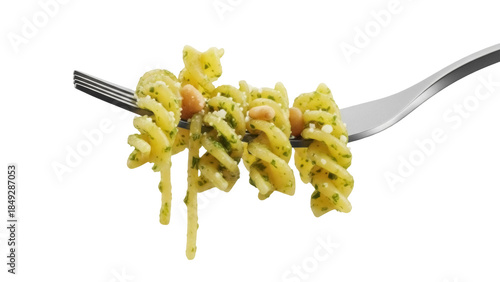 Photos Delicious fusilli pasta with pesto sauce on a fork isolated PNG, Italian cuisine