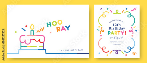 Set of Happy Birthday greeting card, invitation card, vector illustration with colorful birthday cake and confetti.

