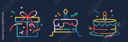 Set of birthday cake, gift box and confetti in colorful minimalist lines.

