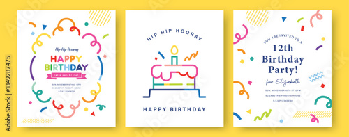 Set of Happy Birthday greeting card, invitation card, poster, cover, vector illustration with birthday cake, confetti in colorful minimalist lines.

