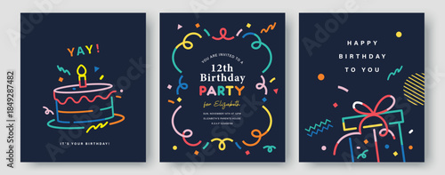 Set of Happy Birthday greeting card, invitation card, poster, cover, vector illustration with birthday cake, confetti and gift box in colorful minimalist lines.

