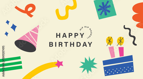 Happy Birthday banner, greeting card, invitation card, poster, cover, vector illustration with birthday cake, birthday hat, confetti and abstract elements.

