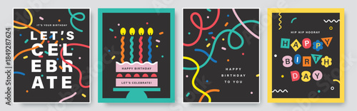 Happy Birthday banner, greeting card, invitation card, poster, cover, vector illustration with birthday cake, confetti, typography and abstract elements.

